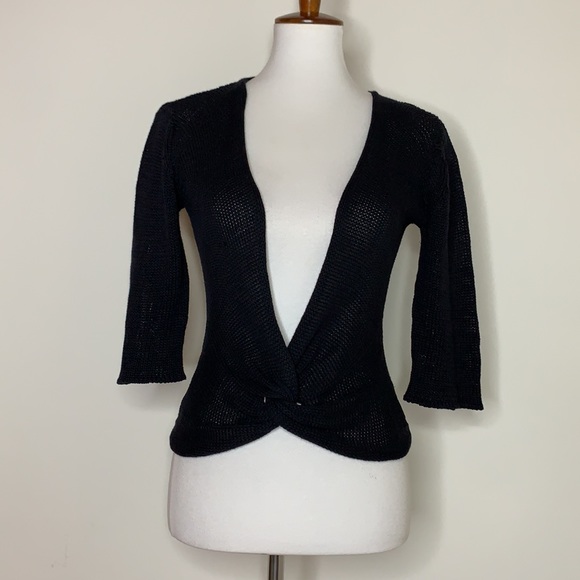 WOODEN-SHIPS Black 3/4 Arm Knitted Front Twist Top - Picture 1 of 8